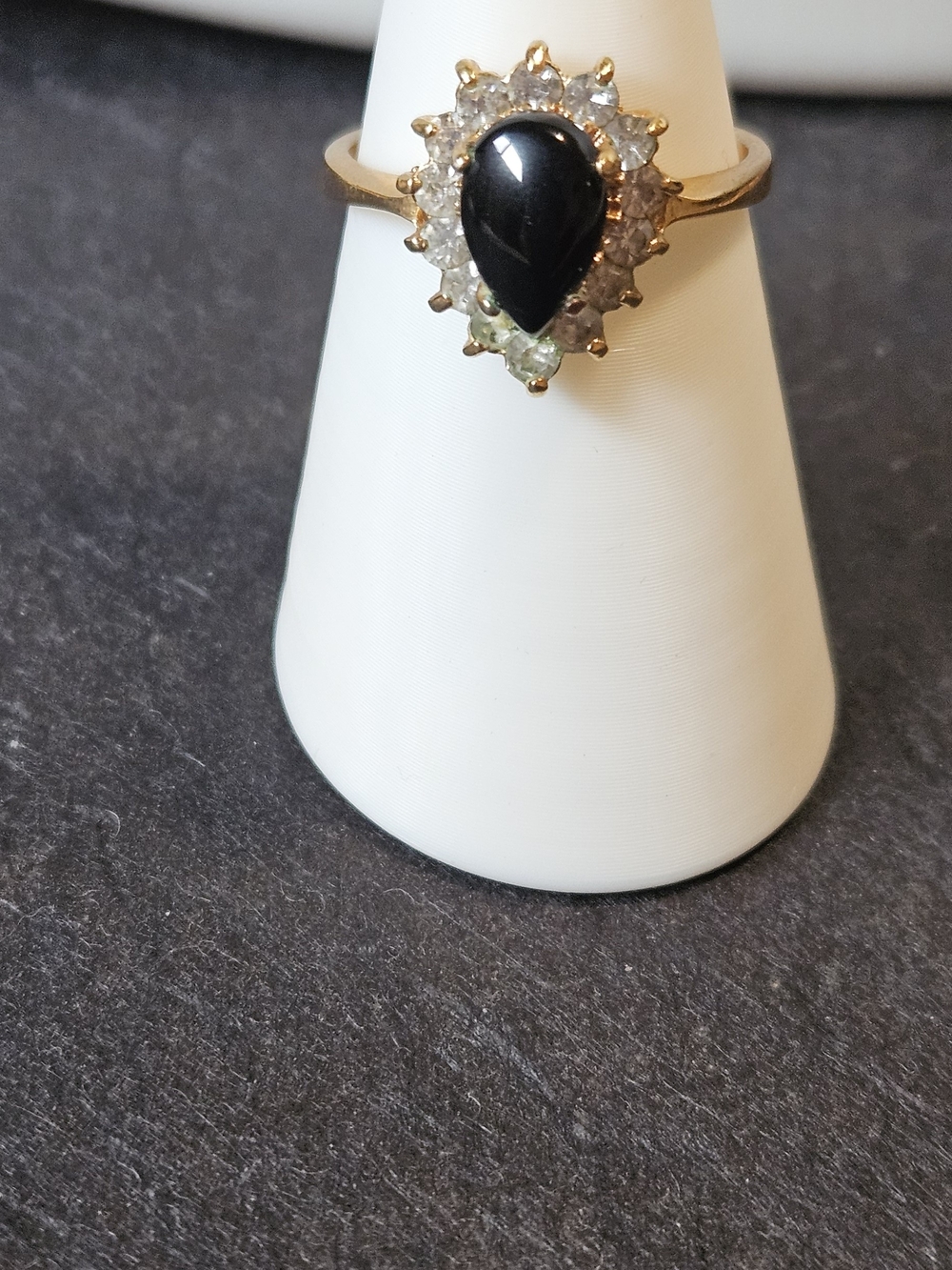 Vintage Gold Ring with Black Teardrop Center and Clear Halo. Size 8